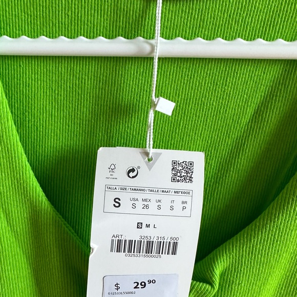Zara Neon Green Ribbed Midi Dress with Front Knot - Size S - Picture 2 of 3